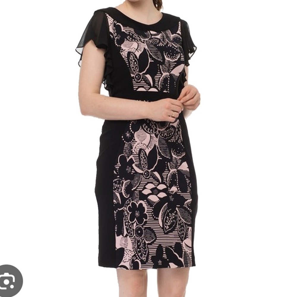 Joseph Ribkoff S10 Ruffle Sleeve Black Floral Detail Classic Dress